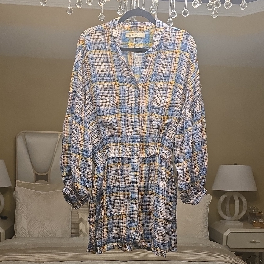 We The Free Blue and Yellow Plaid Mini Dress